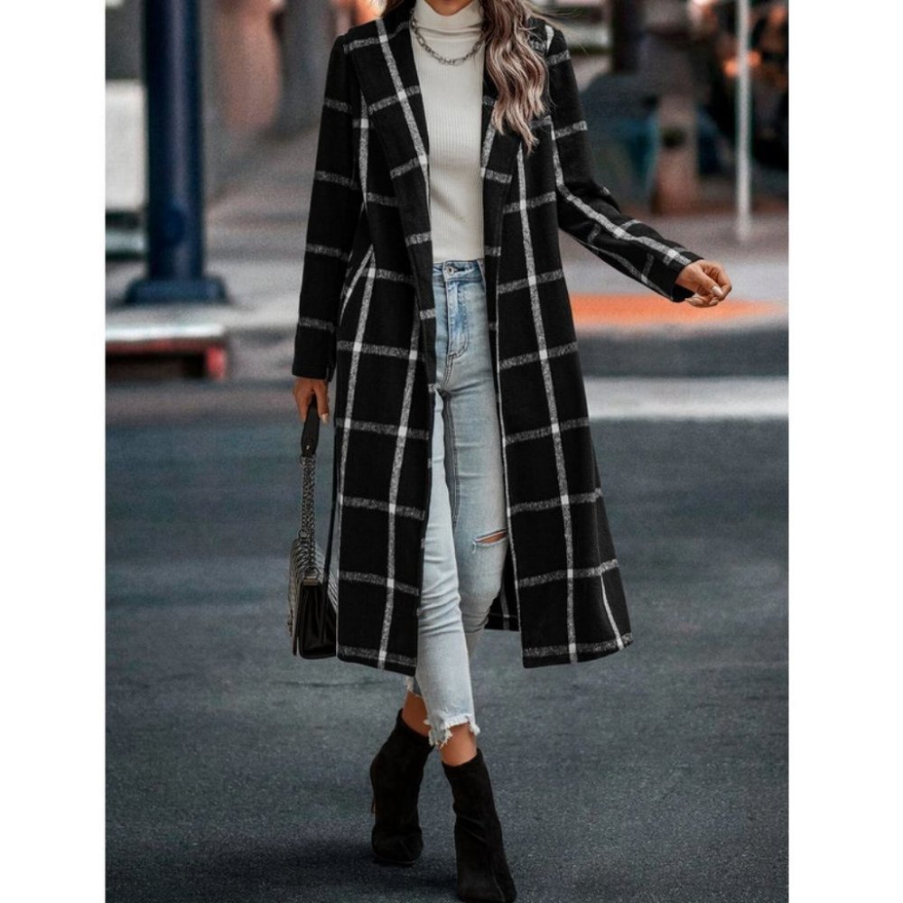 Contemporary Black white Plaid Print Shawl Collar Belted Overcoat Jacket Coat - Picture 7 of 7